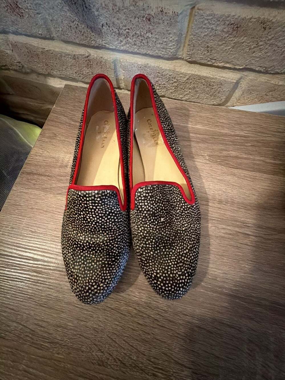 Cole Haan Sabrina Spotted Calf Hair Opera Loafer Flats with Red Trim